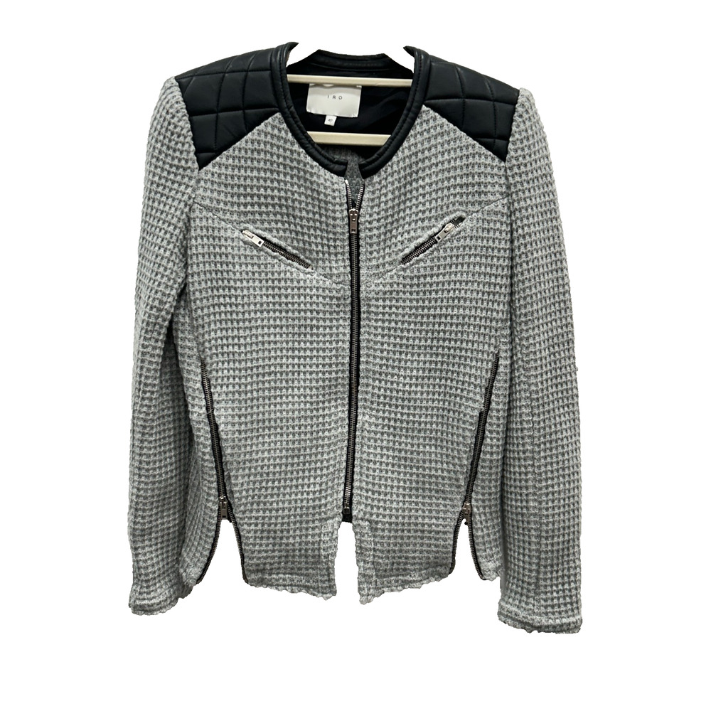 IRO Womens Ceylona Knit Blazer Jacket Leather Trimmed Full‎ Zip Gray Size 40/Lg